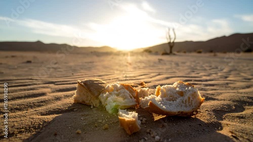 Pieces of broken bread scattered on dry desert sand at sunset, symbolizing scarcity and hunger.