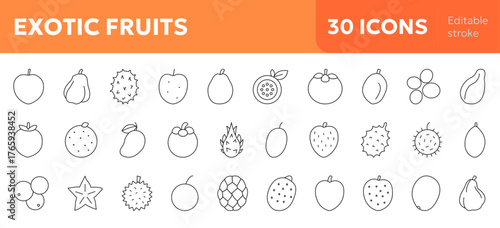 Exotic fruits line icons set for tropical, healthy food, nutrition, and culinary concepts