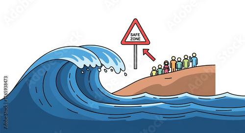 Illustration of a large tsunami wave approaching a cliff with people standing on it and a warning sign, conveying a disaster scenario.