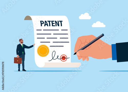 Patented protection. Copyright. Invention licensing. Authors rights legal protection. Vector flat illustration