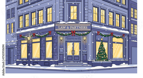 Festive illustration of law firm building decorated for Christmas for holiday marketing and legal promotions