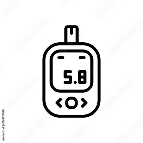 Blood glucose meter test outline icon. Glucose monitor, glucometer pharmacy, testing strip diabetes, chronic, treatment vector symbol.