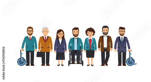 Diverse Group of Professionals with Disabilities Standing Together Symbolizing Inclusion and Equality in the Workplace