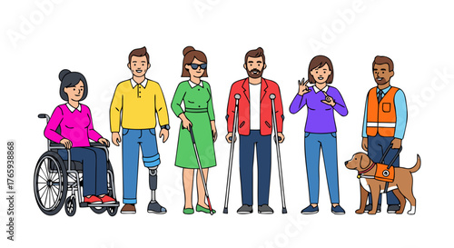 Diverse Group of People with Disabilities and Assistance Animals Showing Inclusion and Accessibility in Society