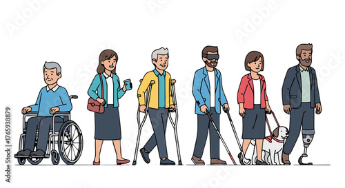 Diverse group of people with disabilities including mobility, visual, and hearing impairments, showcasing inclusion and accessibility