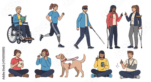 Diverse individuals with disabilities engaging in daily activities, showcasing inclusivity and accessibility in society