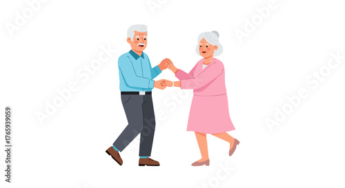 Elderly couple dancing happily and holding hands, celebrating their lifelong love and partnership on a white background