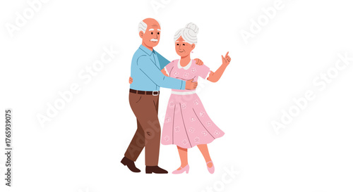 Elderly couple gracefully dancing together in a joyous embrace, celebrating life and companionship in a vibrant, timeless moment
