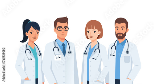 A diverse group of four medical professionals in white lab coats, wearing stethoscopes, standing together against a white background