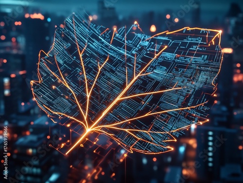 Luminous Maple Leaf Pulsating with Digital Nerves in a Retro Futuristic Metropolis