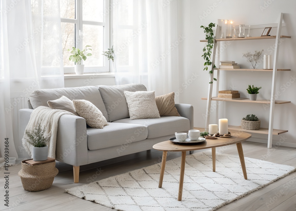 Naklejka premium Cozy scandinavian living room with sofa and coffee table