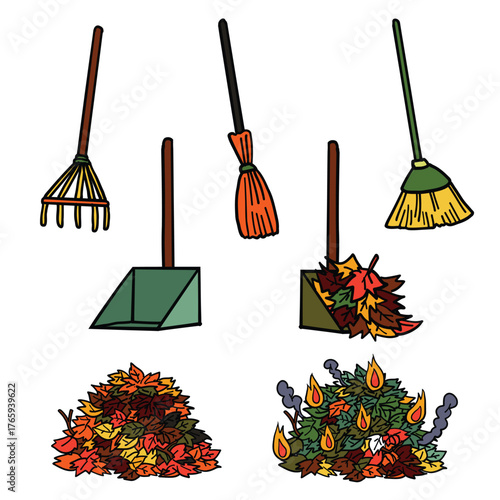 Autumn leaf  fall  nature season gardening  tool yard work hand drawn doodle illustration