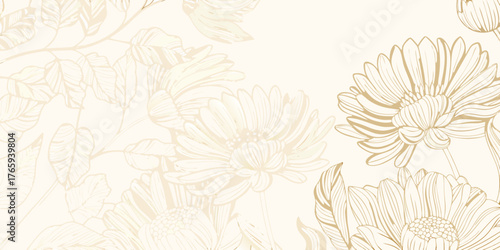 Elegant golden outline flowers and leaves on a creamy beige background