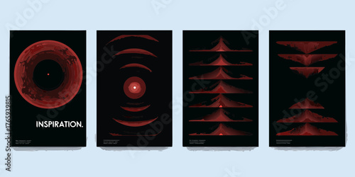 Abstract red and black graphic design posters featuring circular and mountainous forms