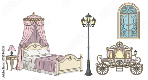 Elegant bedroom with canopy bed, carriage, and street lamp illustration.