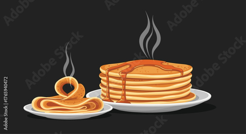 Delicious stack of pancakes with syrup on a white plate ready to eat.