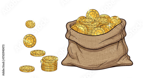 Golden coins spilling from a full sack of treasure wealth and riches.