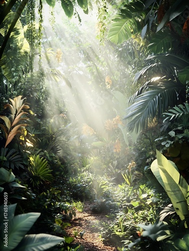 Lush Overgrown Forest Landscape with Sunbeams Filtering Through Dense Foliage