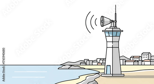 Illustration of a lighthouse on a beach with a megaphone on top, emitting sound waves, near a coastal town with buildings, conveying a sense of