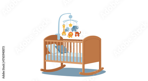Wooden baby crib with mobile and bedding for infant sleep.