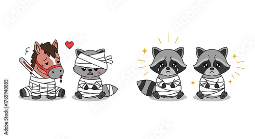 Injured animal characters in bandages showing various emotions and expressions.
