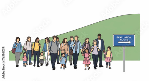 Diverse group of people walking towards an evacuation route sign during a tsunami disaster in a flat, illustrated style with a sense of urgency and a
