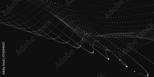 Futuristic dot wave. Abstract digital particle wave. Black and white music wave. Dark background. Digital background with smooth wavy curves. 3D vector illustration
