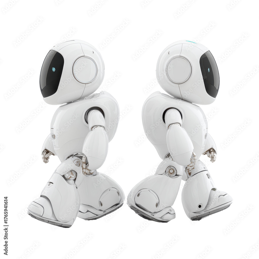 Fototapeta premium Two identical white robots walking png robotics png android png technology png futuristic png ai png machine png humanoid png pair png motion png transparent background image