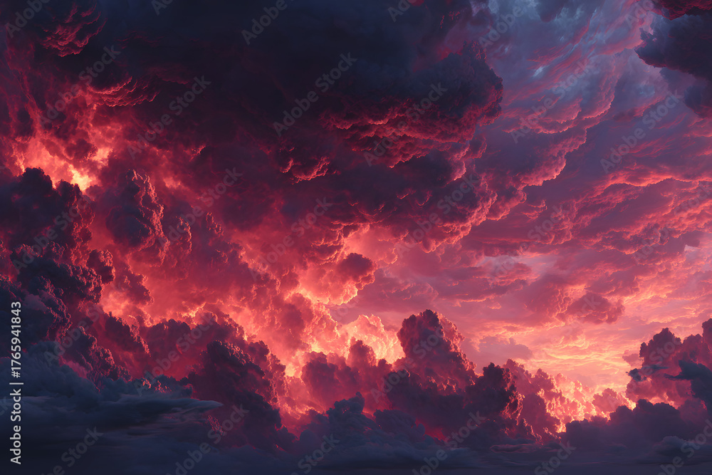 Naklejka premium Dramatic crimson sky filled with dark clouds and flames. Disaster, battle, blast, and fire theme. Terrifying atmosphere. Banner for web with wide red backdrop and design area. Panoramic view.