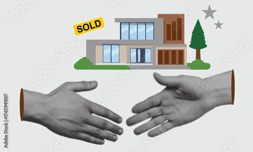 Real Estate Transaction and Successful House Sale Concept: Modern Home with 'SOLD' Sign and Hands Reaching for a Handshake Symbolizing Agreement, Partnership, and Investment Deal