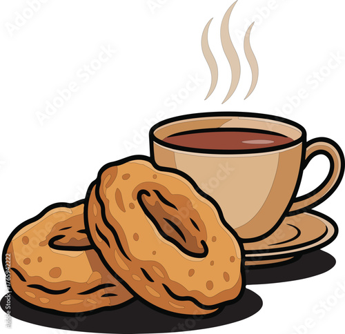 Donuts with hot tea cup cozy breakfast combo illustration