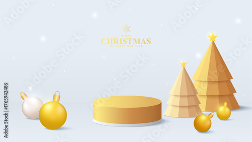 3D Golden podium with minimal christmas trees and ornaments on the stage. Perfect for holiday product display or advertising background