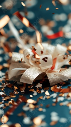 Festive golden and white ribbon with glittering confetti on blue background. Christmas Day