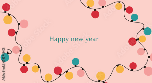 Festive colorful string lights forming a border on a soft pink background with happy new year text