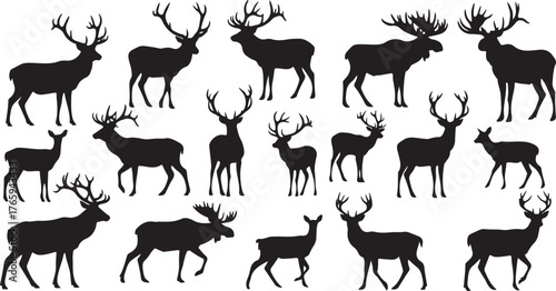 Collection of silhouette deer and stags with antlers in various poses and sizes