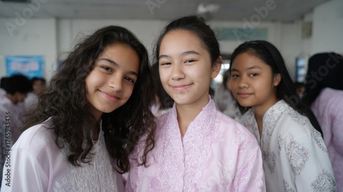 Smiling young asian girls in traditional dresses at cultural event. Culture Day