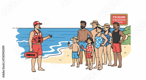 Illustration of a lifeguard warning a group of people on a beach about a tsunami disaster