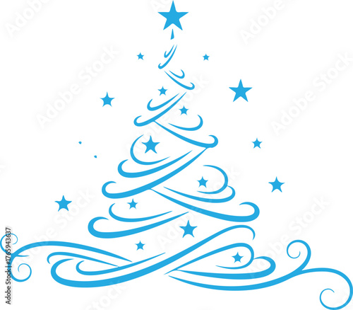 Elegant swirling blue christmas tree design with stars and ornaments on white background