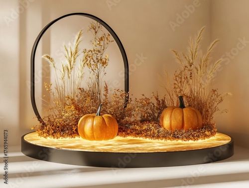 Seasonal Autumnal Display Platform with Pumpkins and Dried Foliage