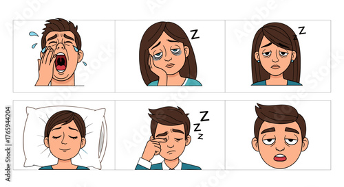 Cartoon depictions of people experiencing tiredness and sleepiness in various states and situations