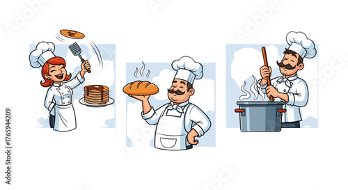Three chefs in action preparing pancakes bread and soup with culinary expertise and professional attire