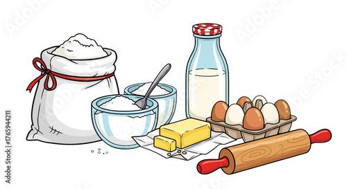 Illustration of baking ingredients including flour, milk, eggs, butter, and a rolling pin on a white background