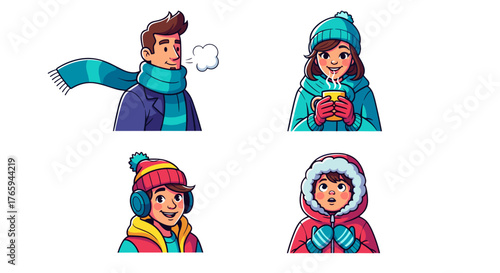 Four cartoon characters bundled up in winter clothing with scarves hats and warm coats smiling warmly