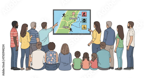 A diverse group of people gathered around a screen displaying a tsunami warning map with a disaster alert system.