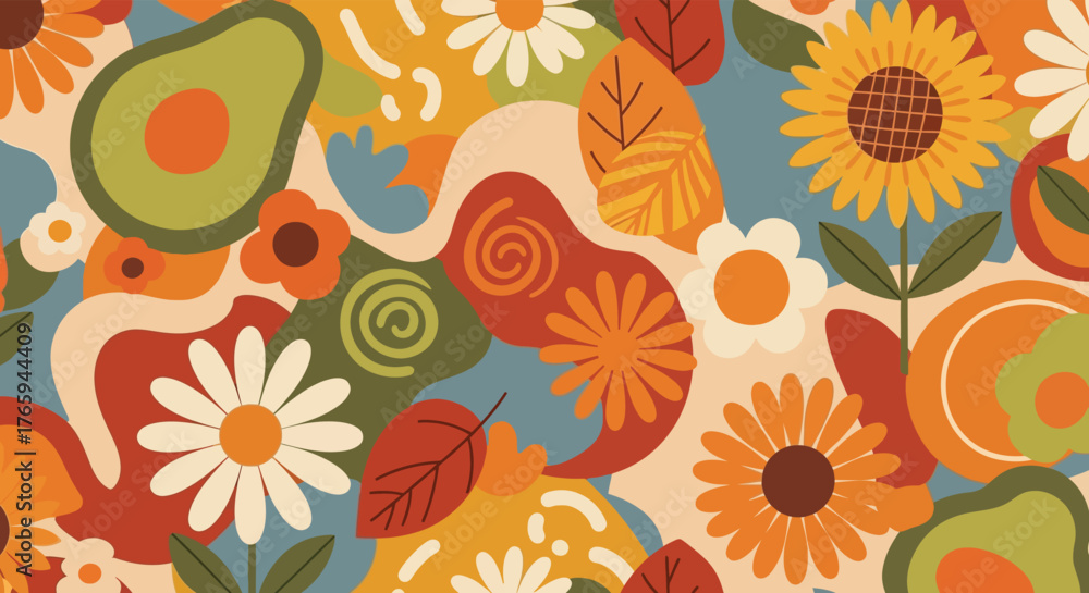 Fototapeta premium Colorful, retro-style pattern with avocados, sunflowers, daisies, and leaves on a light blue background.