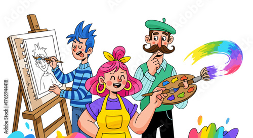 Three artists painting with brushes and a palette with colorful paint in a creative environment studio