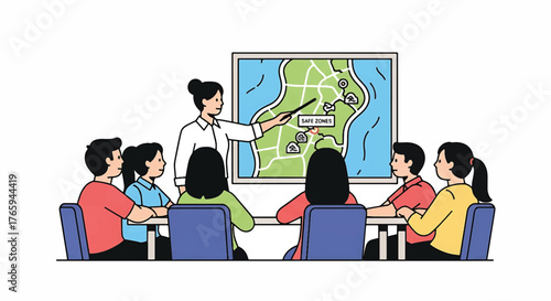 A woman presents a map to a group of people sitting around a table in a meeting with a tsunami disaster warning area marked.