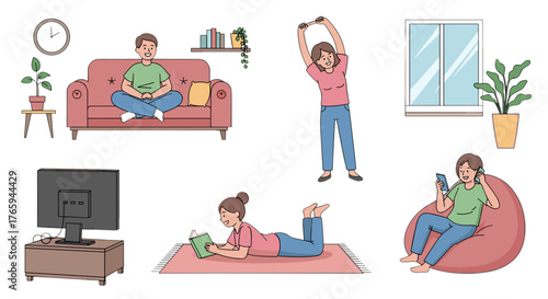 Illustration of people relaxing at home doing different activities in various poses and settings