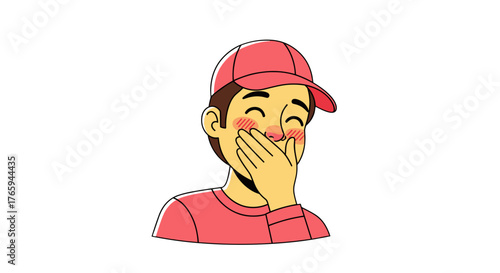A man with a pink cap and shirt is covering his mouth with his hand and has a happy expression on his face