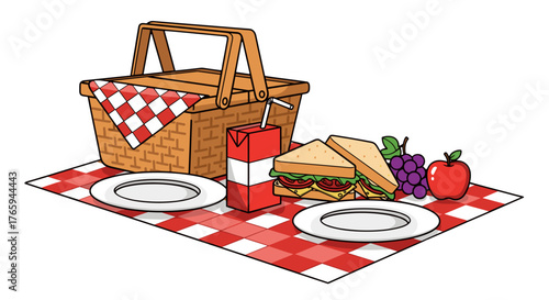 A delightful picnic scene featuring a basket, sandwiches, fruit, plates, and a checkered blanket spread out